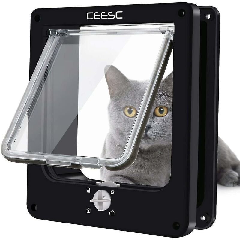 Chatière magnétique pour chat avec serrure rotative à 4 voies pour chats, chatons (noir moyen)