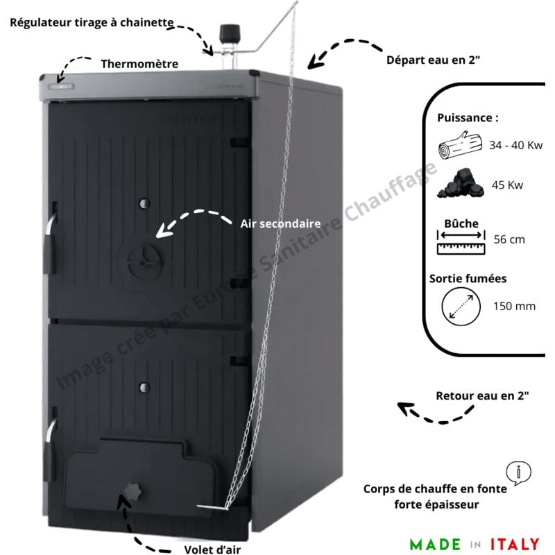 Klimosz - Chaudière bois en fonte Wally / Sime Solida s 5 avec régulateur de tirage à chainette