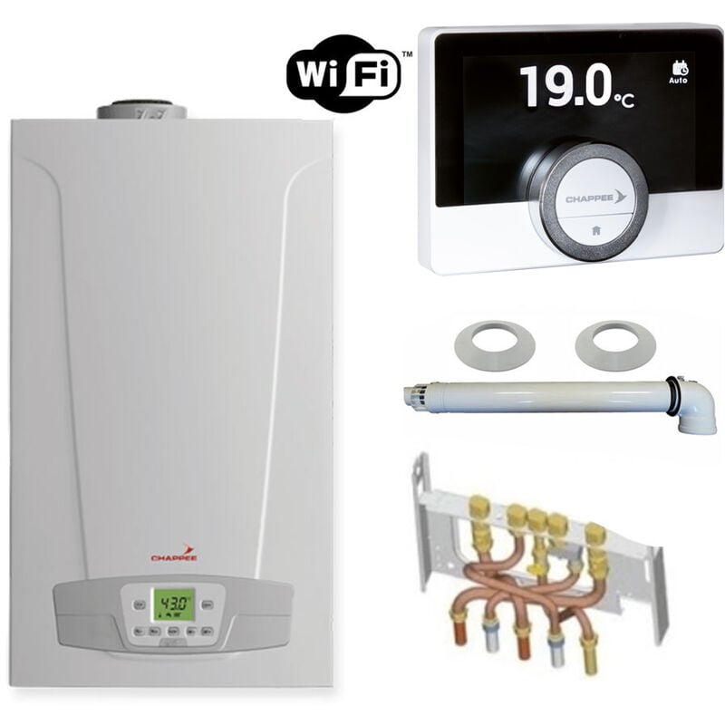 Chaudière Gaz Condensation Initia + Duo Chappée 25 kW Complète (Ventouse + Douilles + Dosseret) avec Thermostat Connecté