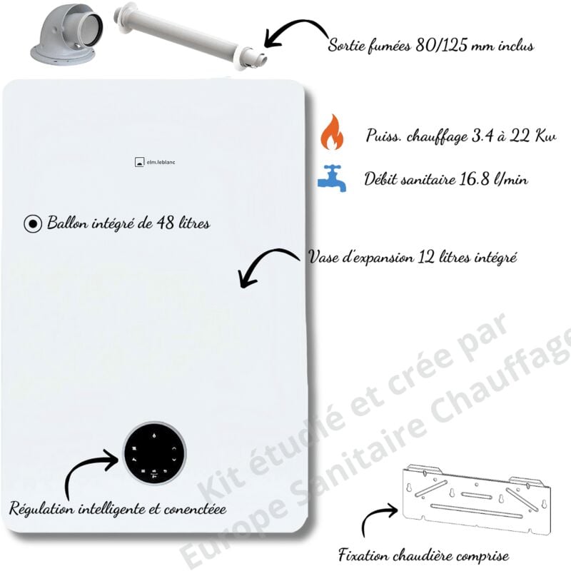 Chaudière gaz Elm Leblanc Egalis ballon iCondens gvb iC 24/48-1MN complète (Ventouse + fixation)
