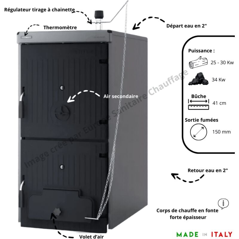 Chaudière bois en fonte Klimosz Wally / Sime Solida S 4 avec régulateur de tirage à chainette