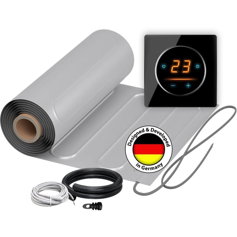 Chauffage au sol électrique pour PVC, parquet stratifié, vinyle WARMON ALU 150 W/m² + Thermostat WiFi OKE-25 Tactile, cadre Garda noir - 15 m²