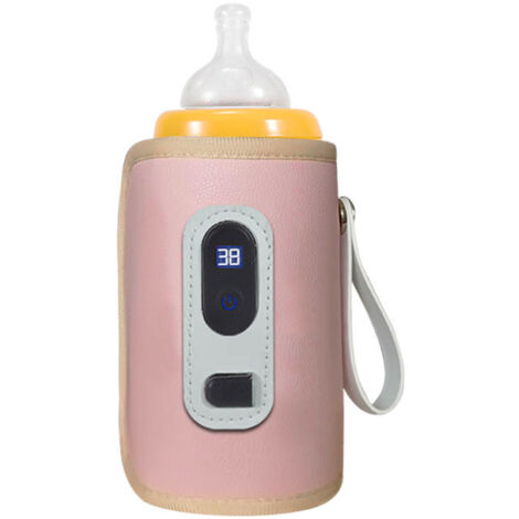 Chauffe-Biberon USB avec Affichage Digital - Régulation 5 Températures - Portable pour Lait, Boissons et Eau - Rose - PU Cuir et Aluminium - 158g