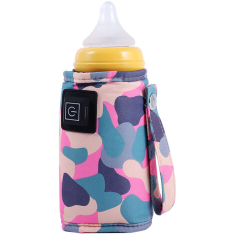 Chauffe-biberon USB portable avec réglage 3 températures, design scratch et couleur rose camouflage