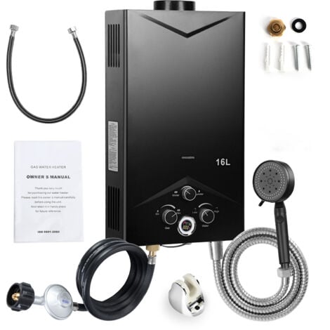 FLASIDU Chauffe-eau à gaz, capacité de 16 L, débit d'eau de 4,21 gpm, température maximale de l'eau de 70 °C, avec affichage numérique.