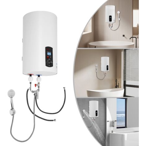 Chauffe-eau électrique à accumulation, 30 litres, 1,5 kilowatt, mural, avec fonction anti-calcaire, chaudière électrique avec écran d'affichage, complet avec pomme de douche, adapté aux salles de bain