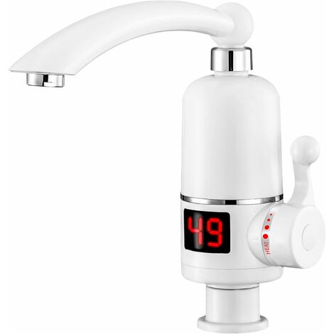 Chauffe-eau électrique compact 220 V avec affichage de la température LCD, robinet numérique, 3000 W pour cuisine, jardin, camping, caravane, Blanc., 29 x 9.7 6.6 cm [Classe énergétique A]