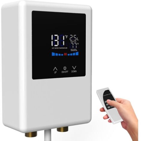Chauffe-eau électrique instantané 3 500 W 220 V avec télécommande et écran tactile LCD, commande à la demande, lavabo et robinet, gain de place (blanc)