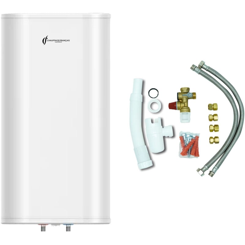 Sannover - Chauffe Eau Electrique Plat Mural Multipositions Valorie 80 Litres + Kit d'Installation Complet nf