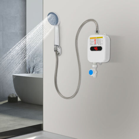 Chauffe-eau électrique sans réservoir 3500 W, chauffe-eau instantané sous évier 220 V avec pomme de douche, chauffe-eau sans réservoir à écran tactile LCD (blanc)