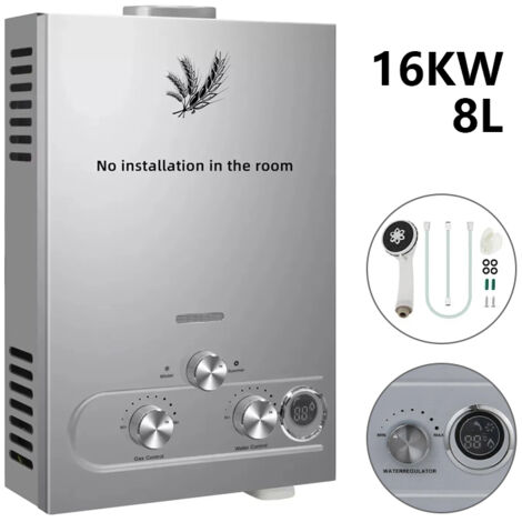 Chauffe-eau instantané au GPL, 8 L 16 kW, Chauffe-eau propane/butane avec affichage LED et protections de sécurité, Chauffe-eau extérieur