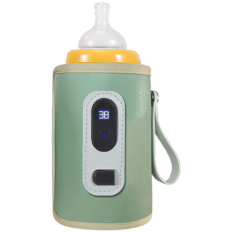 Chauffe-lait USB avec affichage numérique et 5 températures ajustables - Chauffe-biberon portable léger pour lait maternel et eau (PU Leather/Tinfoil, 158g, 14x8cm, vert)