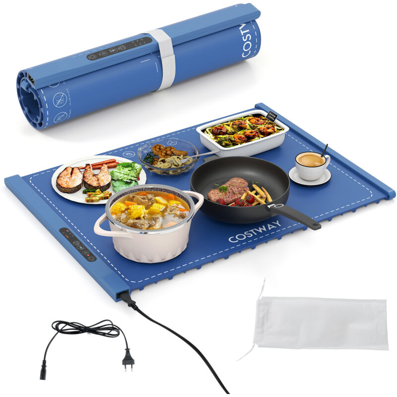 Chauffe Plat Électrique Pliable, Tapis Chauffant en Silicone pour Aliments, Plateau Chauffant Portable avec Température et Minuterie Réglables, Bleu