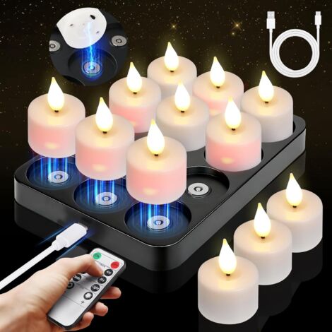 Chauffe Plat LED avec Station de Recharge Magnétique, Lot de 12 Bougies LED Scintillantes avec Minuterie et 1 Télécommandes, Idéales pour Noël Halloween Table Fêtes Salon Décoration