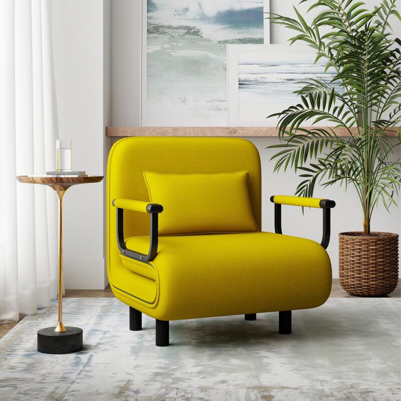 Chauffeuse Canapé-lit Fauteuil Convertible Grand Confort Coussin Pieds Accoudoirs Métal Jaune Citron 60L x 68I x 85H cm