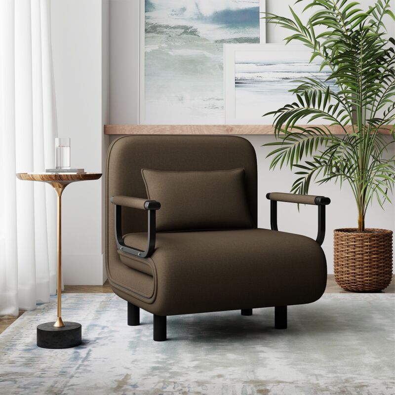 Chauffeuse Canapé-lit Fauteuil Convertible Grand Confort Coussin Pieds Accoudoirs Métal Marron 60L x 68I x 85H cm