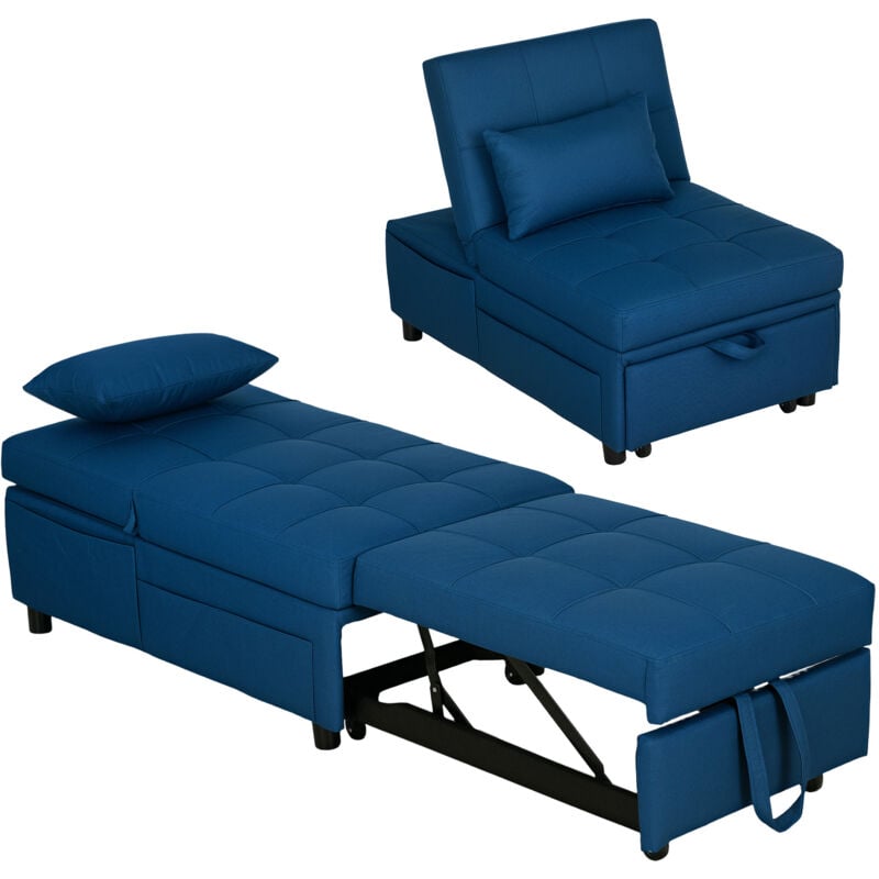 Chauffeuse fauteuil convertible inclinable réglable tissu effet capitonné bleu
