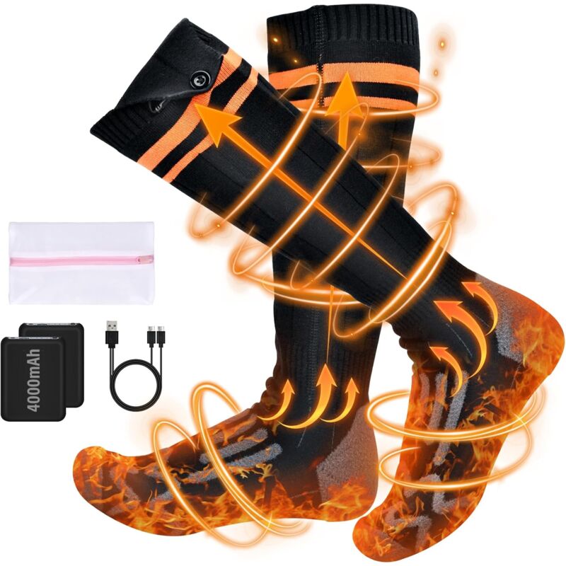 Chaussette Chauffante, 4000mAh Chaussettes Chauffantes Rechargeables avec 4 Températures, Calze Riscaldanti Lavables pour la Chasse
