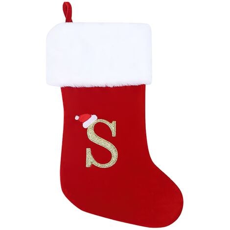 RANIPOBO Chaussette de noel, velours rouge avec poing blanc super doux brode, bas de Noel personnalises pour decoration(lettre S)-24CM