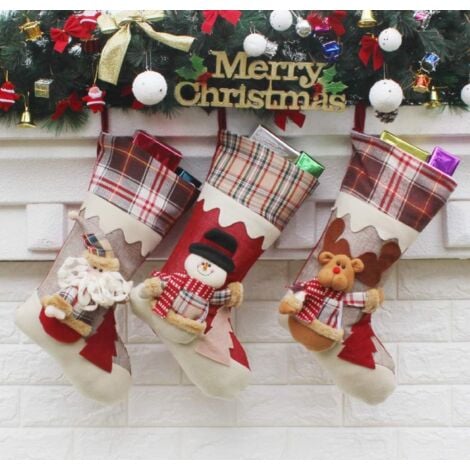 Chaussette Père Noël grande 49 x 23cm, botte Père Noël pour remplir un lot de 3, chaussette de Noël comme sac cadeau de Noël, décorations de Noël à accrocher au mur, cheminée, escaliers, sapin de Noël