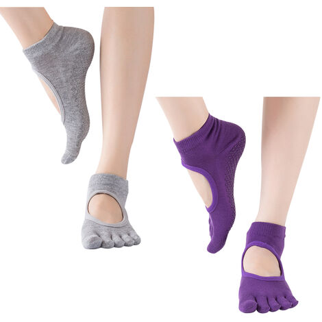Chaussettes antidérapantes Grip pour Pilates, Barre, Yoga, Ballet - Gris + Violet
