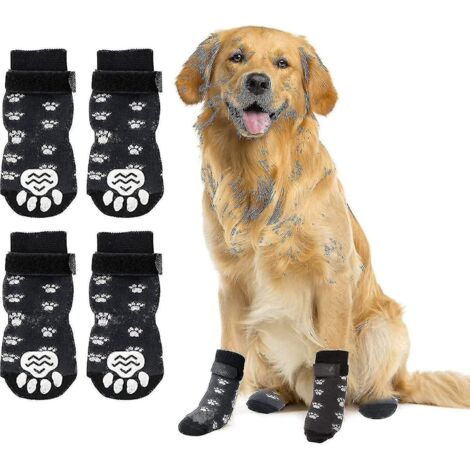 Chaussettes antidérapantes pour chiens (2 paires) - Douces et ajustables - Protection optimale des pattes - Chaussettes adhérentes avec sangle - Noir - Taille M