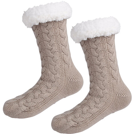 Chaussettes antidérapantes pour femme, Chaussettes chaudes doublées de molleton douillet avec pinces en silicone, Chaussettes de Noël, Café léger