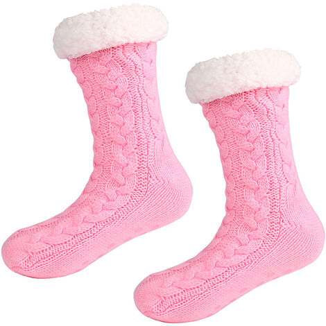 Chaussettes antidérapantes pour femme, Chaussettes chaudes doublées de molleton douillet avec pinces en silicone, Chaussettes de Noël, Rose
