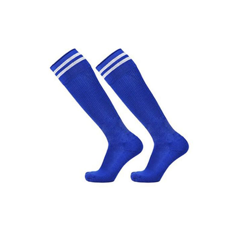 Chaussettes de football plates bleu foncé taille unique pour enfants Chaussettes longues anti-dérapantes sur le genou Chaussettes rayées,
