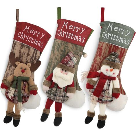 Chaussettes de Noël, 3 lot Sac Cadeau de Noël Cadeau de décoration Ours, élan, Père Noël Ornement Sac de Bonbons Bas de Décoration de Noël-Fei Yu