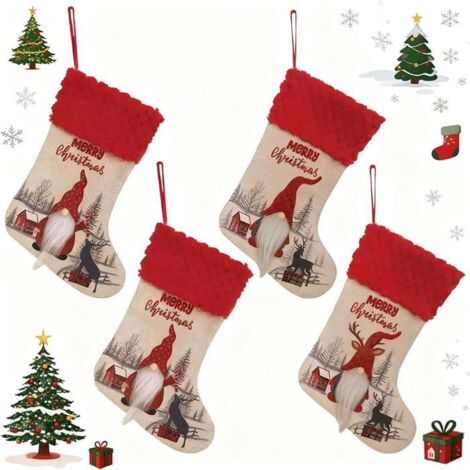 Chaussettes de Noël 4 pièces, grandes décorations rouges, bottes et sacs cadeaux pour Noël.