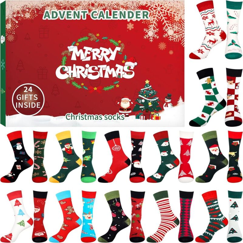Chaussettes de Noël drôles, chaussettes 24 jours, chaussettes de compte à rebours, chaussettes avec boîte 'Avent, chaussettes de Noël pour hommes,