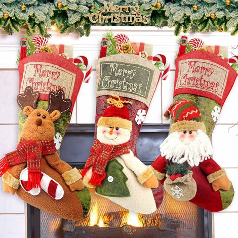Chaussettes de Noël,Lot de 3 Chaussettes de Noël personnalisées de 46 cm avec Flocon de Neige, Père Noël, Bonhomme de Neige, Renne pour Vacances en Famille, décorations de fête de Noël