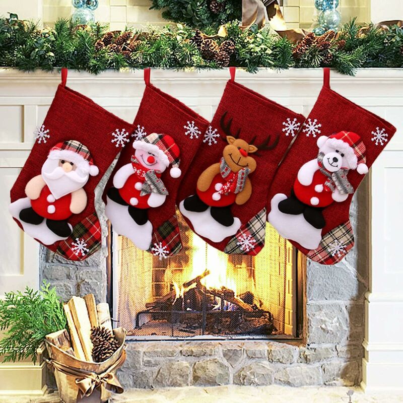 Lycxames - Chaussettes de Noël, 4 lot Sac Cadeau de Noël Cadeau de décoration Ours, Bonhommes de Neige, élan et Père Noël Ornement, Christmas
