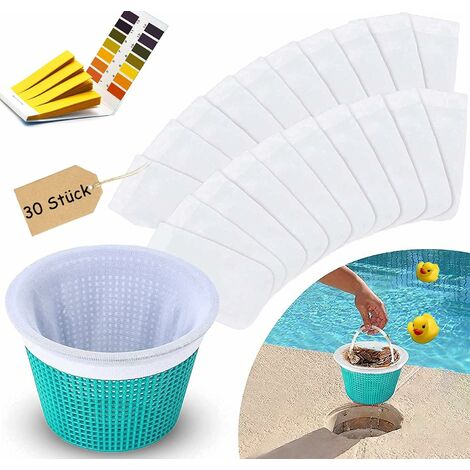 Chaussettes de Skimmer Piscine 30 Pièces Et papier test ph, Réutilisable Filtre Skimmer Piscine, Filtres Durables Élastiques, pour Attraper Les Feuilles d'arbre,Piscine Et protégez la Piscine Propre
