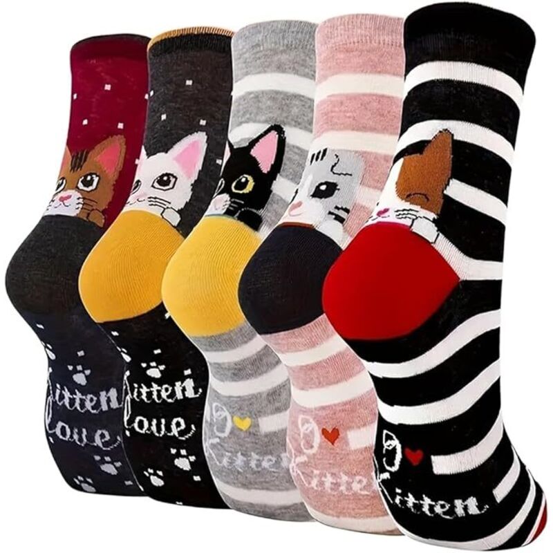 Chaussettes en coton amusantes pour filles, chaussettes antidérapantes amusantes, coton à imprimé animal coloré,Décoration pour Noël, lot de 5 paires