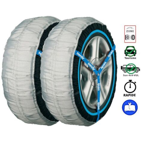 Chaussettes neige textile homologuées – 2 chaussettes pour pneus 195/50R15 195/55R15 195/45R16 205/45R16 – Conformes à la loi montagne – Trendy
