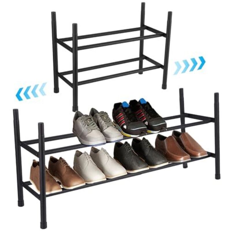 Largeight - Chaussure 2 Niveaux, Étagère Chaussures Extensible 44-82cm, Range Chaussures en Acier Inoxydable, Porte Chaussures Stable en Noir,