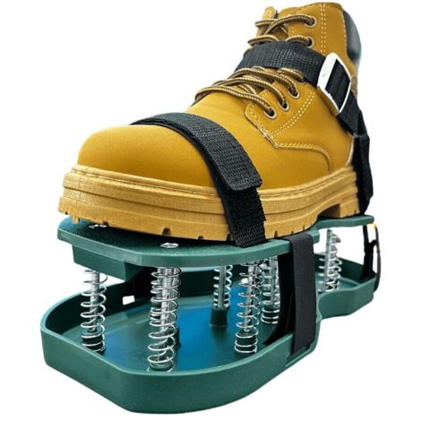 Chaussures aératrices pour gazon, semelles à pointes pour aération du sol. Outils de jardinage verts, décompactage pelouse.