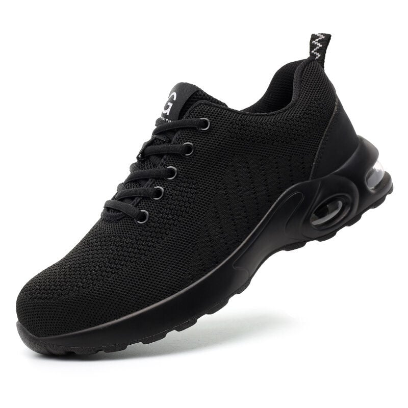 Chaussures de sécurité à coussin d'air pour hommes et femmes, baskets légères, antidérapantes, respirantes, lacets de travail, bout en acier, noires,