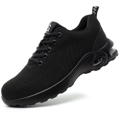 Chaussures de sécurité à coussin d'air pour hommes et femmes, baskets légères, antidérapantes, respirantes, lacets de travail, bout en acier, noires, taille 43
