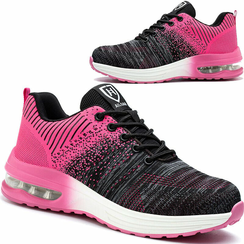 Chaussures de Sécurité Hommes Femmes Légère Basket de Sécurité Respirante Confortable Chaussure de Travail avec Embout en Acier Noir-Rose Taille 37
