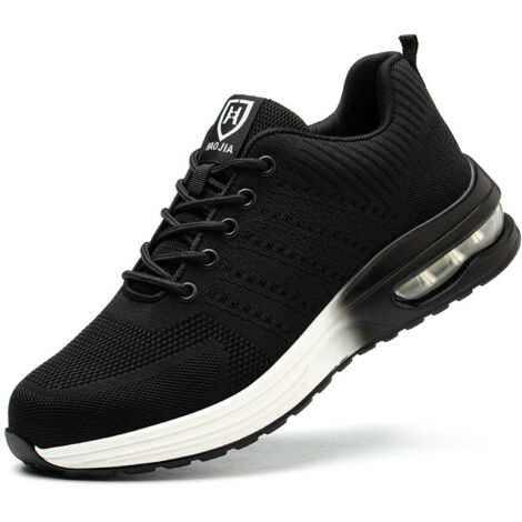 Chaussures de sécurité légères et respirantes – embout en acier 220J – semelle en caoutchouc antidérapante – noires et blanches, taille 44 EU, adaptées aux chantiers de construction et aux ateliers.