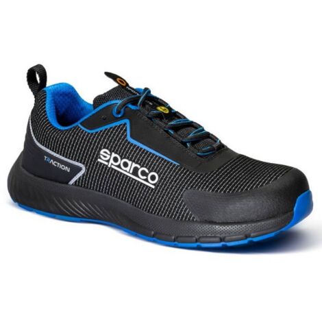 Chaussures de se'curite' Sparco Traction Suzuka ESD S1PS SR FO HRO, pointure 43, noires avec de'tails bleus en tissu re'fle'chissant et re'sistant a' l'abrasion Nero/Azzurro 43