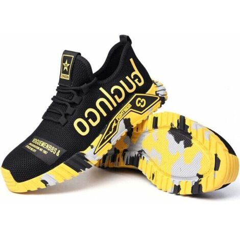 Chaussures de sécurité unisexes légères à bout en acier – Semelle PU résistante – Pour chantiers et environnements industriels – Taille 44 – Jaune