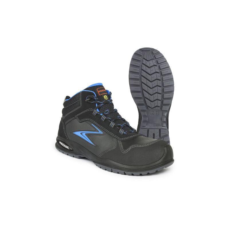 Chaussures de travail haute se'curite' Pezzol Portofino S3 N.43 en cuir noir avec inserts bleu clair sans me'tal fabrique'es en Italie Nero + Azzurro