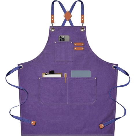 Chef Aprons for Men Women with Large Pockets, Cotton Canvas Cross Back Heavy Duty Adjustable Work Apron, Size M to XXL (Purple)