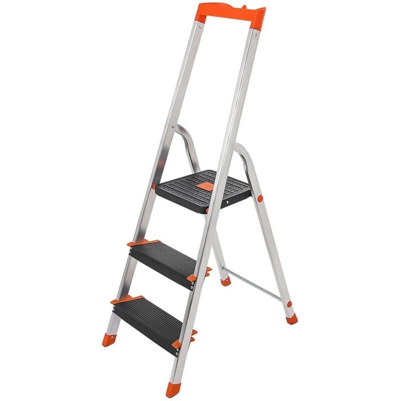 Chelle à 3 marches escabeau pliable en aluminium marches de 12 cm de large avec rainures pieds antiglisses main courante porte-outils charge 150 kg