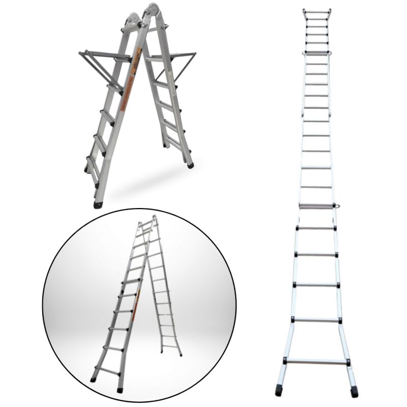 Secury-t - chelle articulée et télescopique pliante en aluminium 4x6 marches 6,04m + 2 tablettes