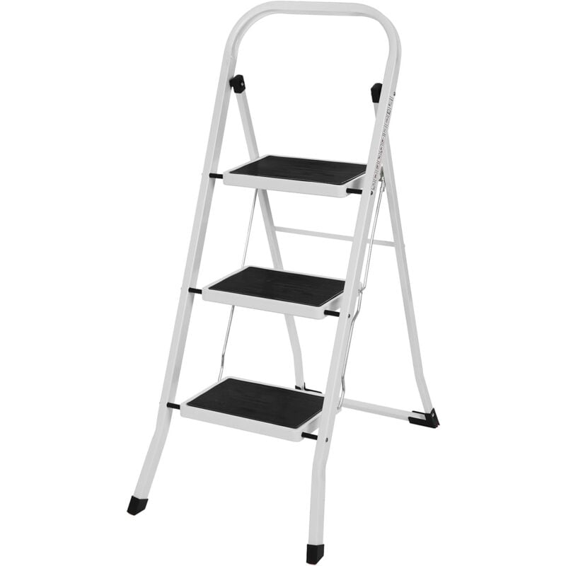 Échelle Domestique à 3 Marche, Pliable, Largeur de Marche 20 cm, Antidérapant, avec Barre d’Appui, Charge 150 kg, en Acier, Testé par SGS, Blanc et